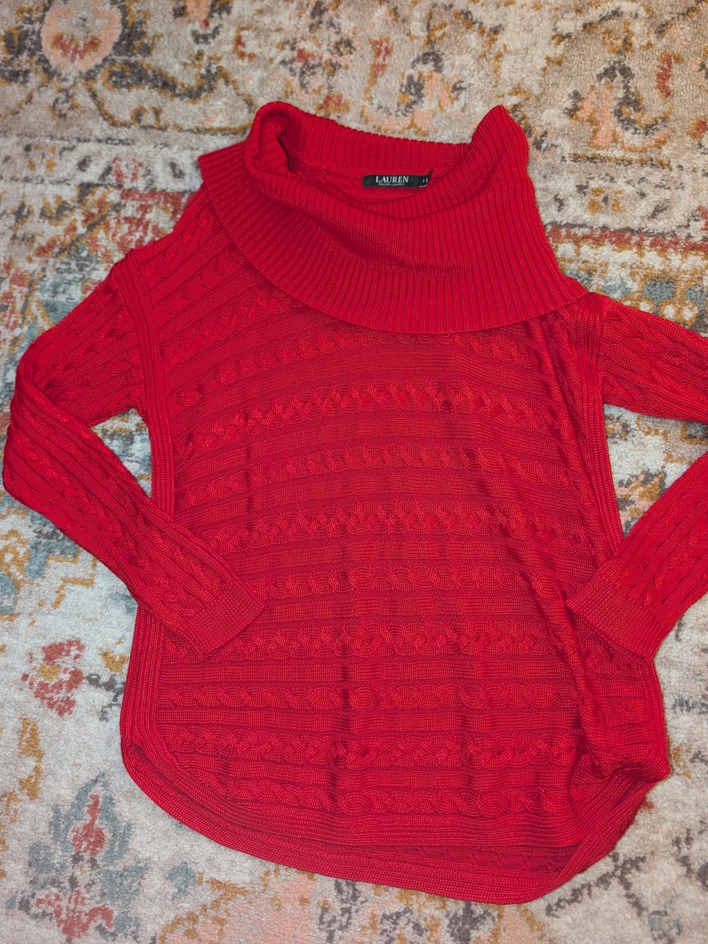 Lauren Ralph Lauren Women's L Red Cable-Knit Cowlneck Sweater Holiday Cozy